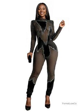 Rhinestone Embellished Sexy Bodycon Jumpsuit Long Sleeve Party Birthday